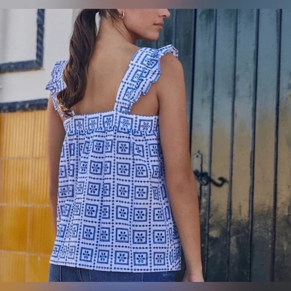 Next Embroidered Eyelet Blue White Ruffled Tank Top - Picture 7 of 12